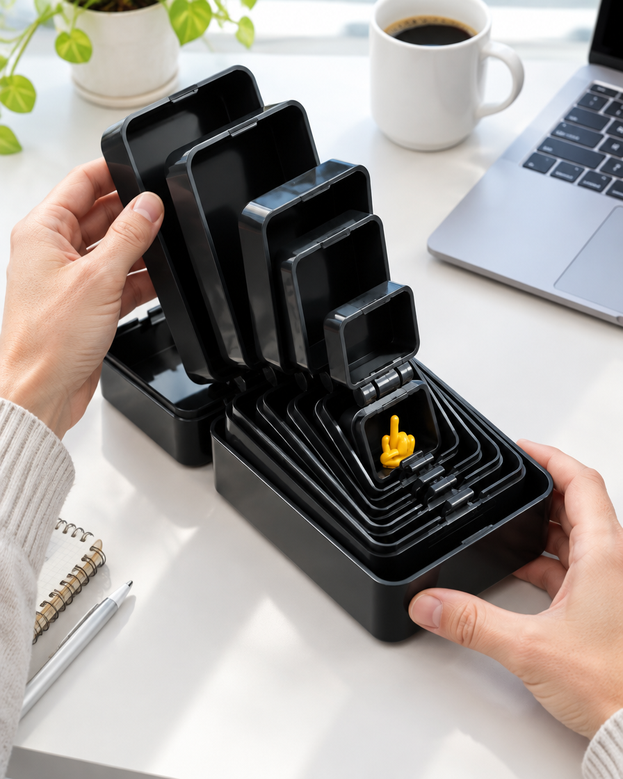 Die Endlos-Box in Schwarz beim Auspacken im Büro